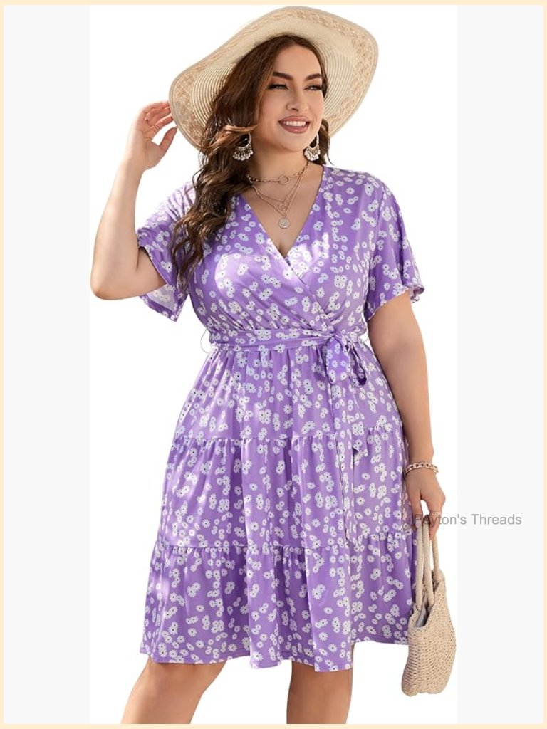 Plus Size Wrap Midi Dress With Belt, Short Sleeve V-Neck